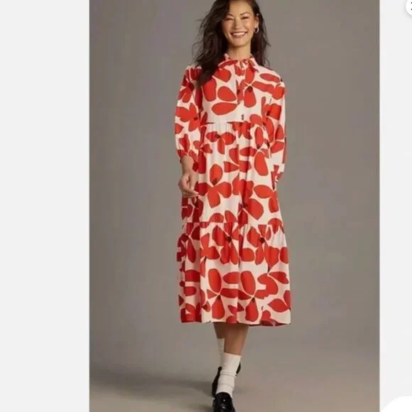 Maeve Anthropologie Bettina Midi Dress Tiered Buttondown Red Flowers SP - Picture 2 of 14